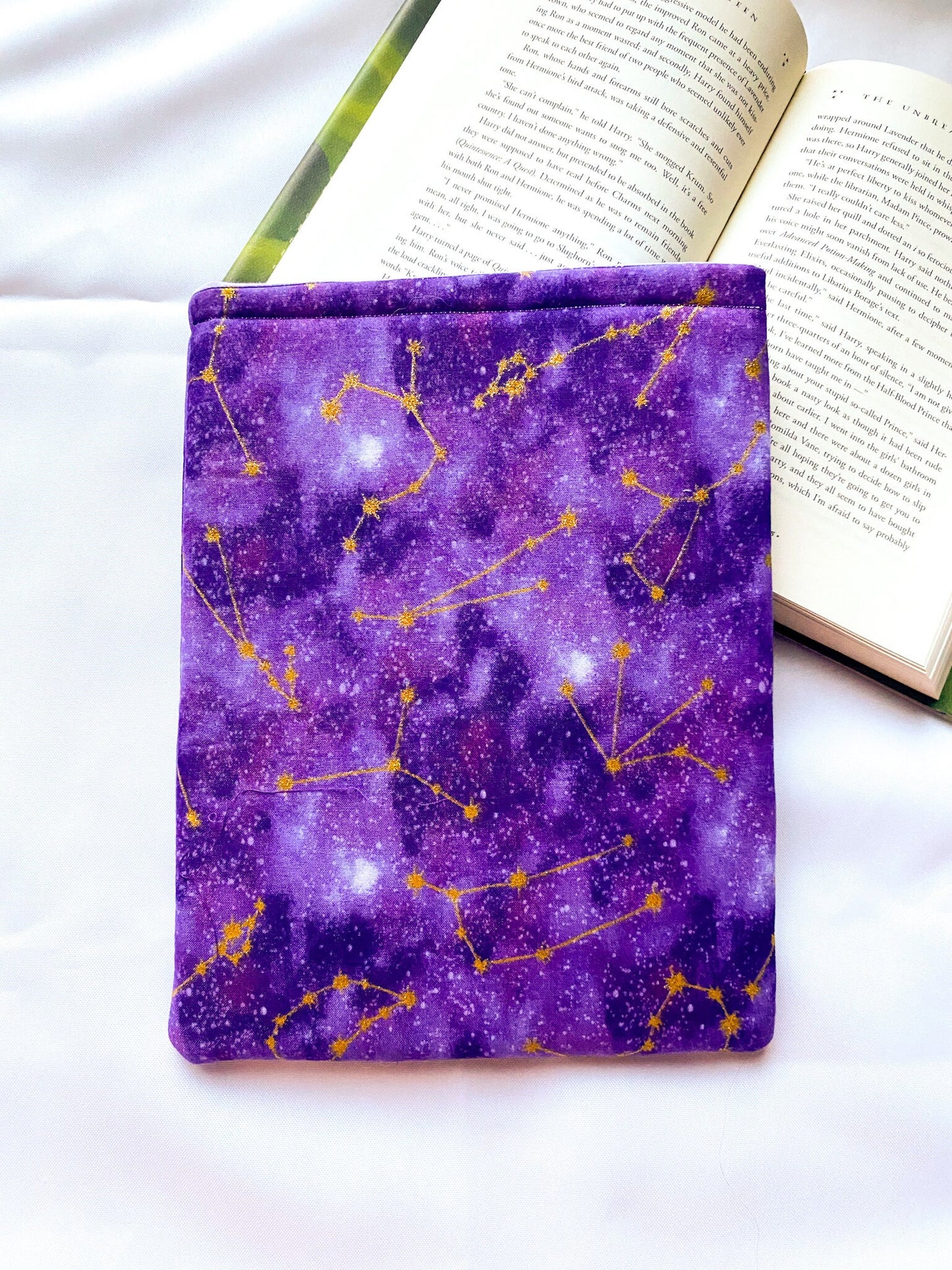 Purple and Gold Sparkly Zodiac Constellation Book Sleeve