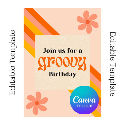 Groovy Birthday Invite 5x7, Canva Template, Customizable